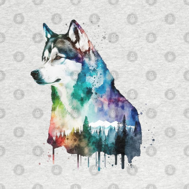 Rainbow Forest Siberian Husky Watercolor Art by doglovershirts